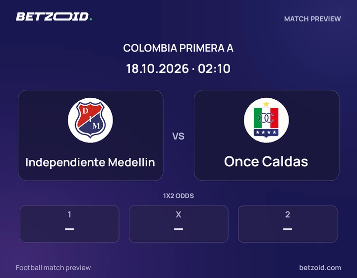 Independiente Medellin vs Once Caldas: Colombia Primera A match preview with team badges and kick-off details.