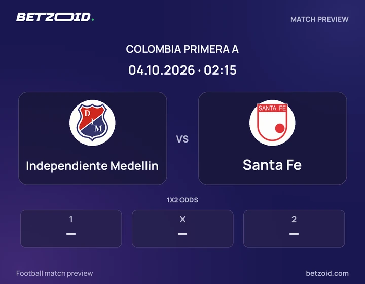 Independiente Medellin vs Santa Fe: Colombia Primera A match preview with team badges and kick-off details.