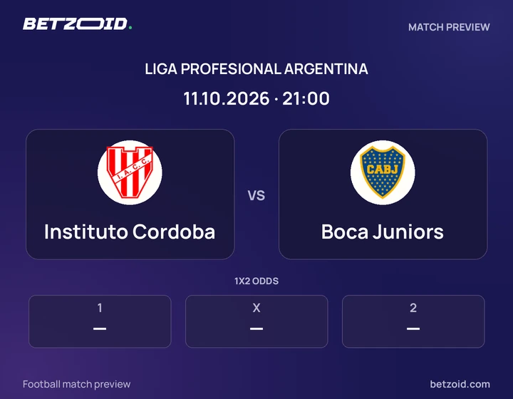 Instituto Cordoba vs Boca Juniors: Liga Profesional Argentina match preview with team badges and kick-off details.
