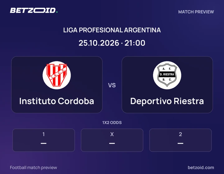 Instituto Cordoba vs Deportivo Riestra: Liga Profesional Argentina match preview with team badges and kick-off details.