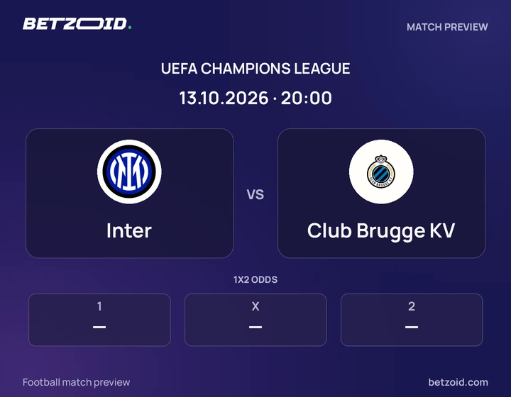 Inter vs Club Brugge KV: UEFA Champions League match preview with team badges and kick-off details.