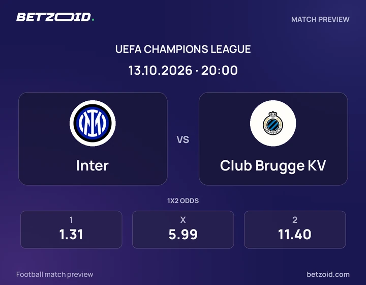 Inter – Club Brugge KV Inter – Club Brugge KV: presentazione della partita di Champions League con stemmi e orario di inizio.