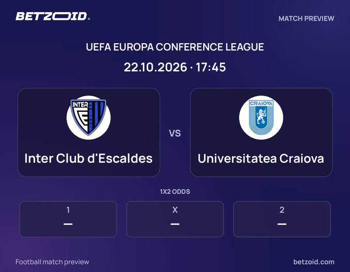 Inter Club d'Escaldes - Universitatea Craiova Inter Club d'Escaldes vs Universitatea Craiova: UEFA Europa Conference League match preview with team badges and kick-off details.