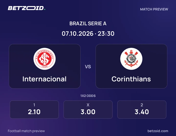 Internacional vs Corinthians: Brazil Serie A match preview with team badges and kick-off details.