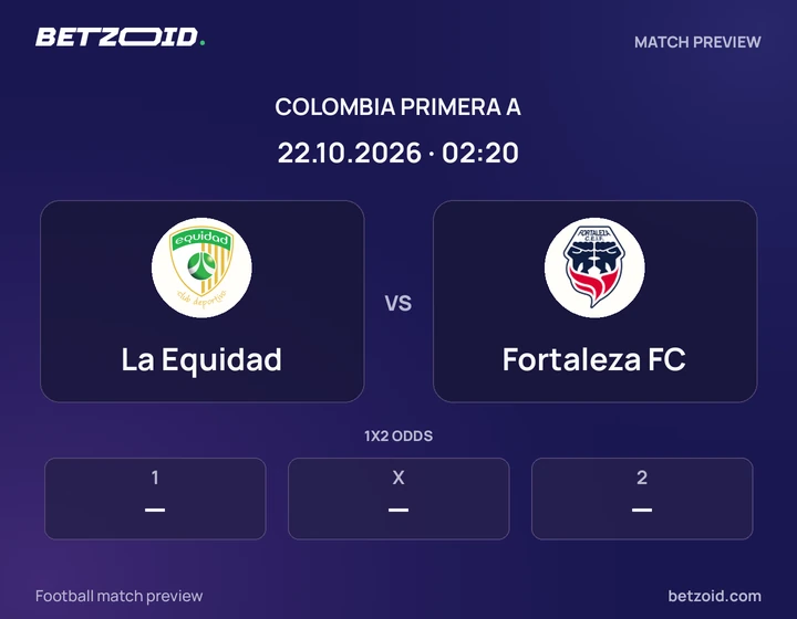 La Equidad vs Fortaleza FC: Colombia Primera A match preview with team badges and kick-off details.