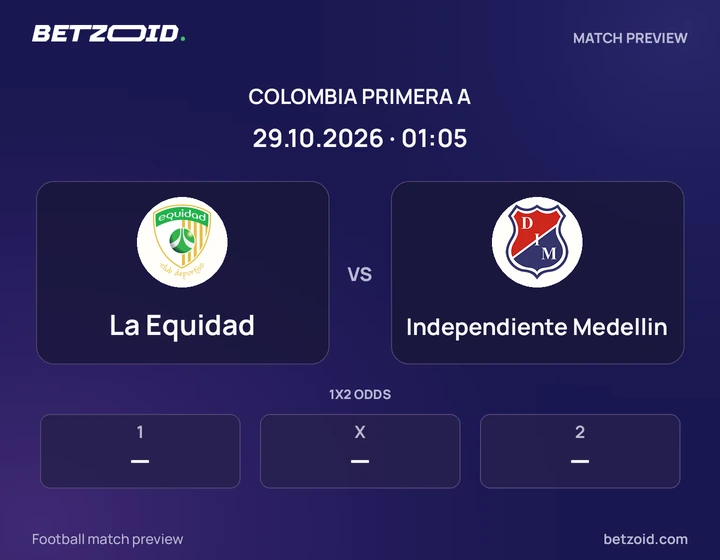 La Equidad vs Independiente Medellin: Colombia Primera A match preview with team badges and kick-off details.