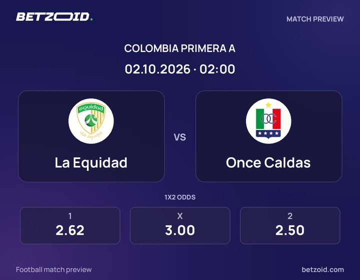 La Equidad vs Once Caldas: Colombia Primera A match preview with team badges and kick-off details.