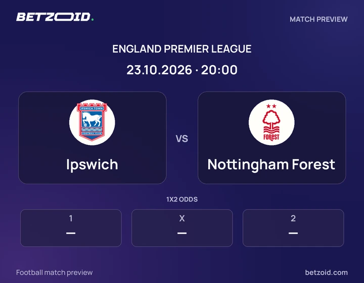 Ipswich vs Nottingham Forest: England Premier League match preview with team badges and kick-off details.