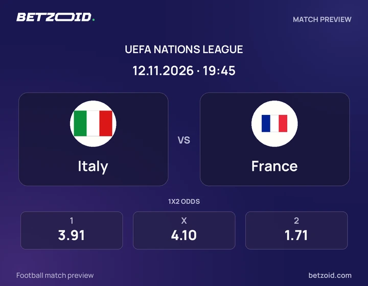 Italy vs France: UEFA Nations League match preview with team badges and kick-off details.