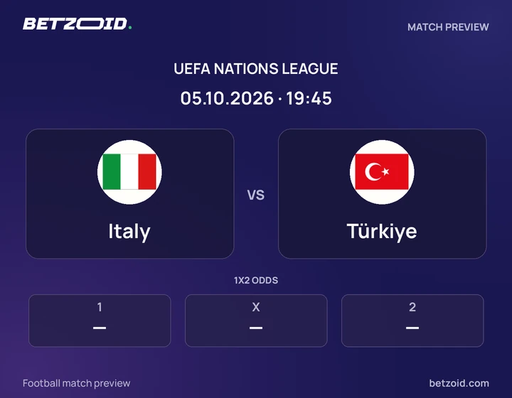 Italy vs Türkiye: UEFA Nations League match preview with team badges and kick-off details.