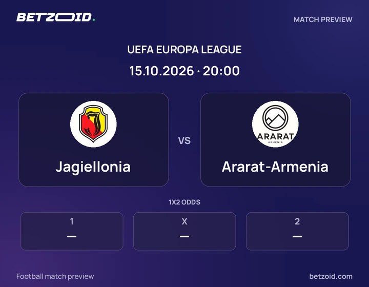Jagiellonia vs Ararat-Armenia: UEFA Europa League match preview with team badges and kick-off details.