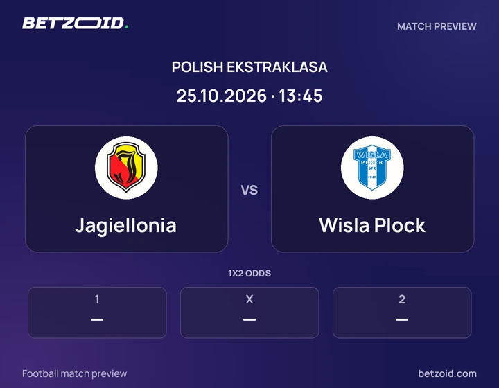 Jagiellonia - Wisla Plock Jagiellonia vs Wisla Plock: Polish Ekstraklasa match preview with team badges and kick-off details.