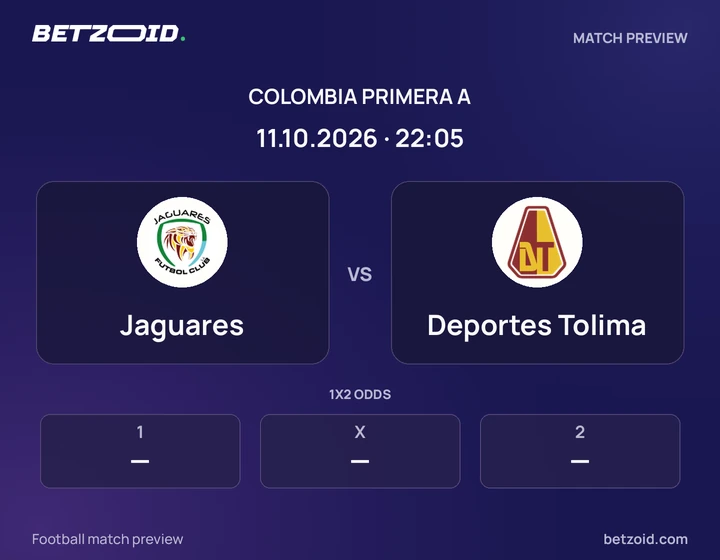Jaguares - Deportes Tolima Jaguares vs Deportes Tolima: Colombia Primera A match preview with team badges and kick-off details.