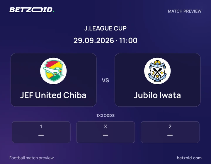 JEF United Chiba vs Jubilo Iwata: J.League Cup match preview with team badges and kick-off details.