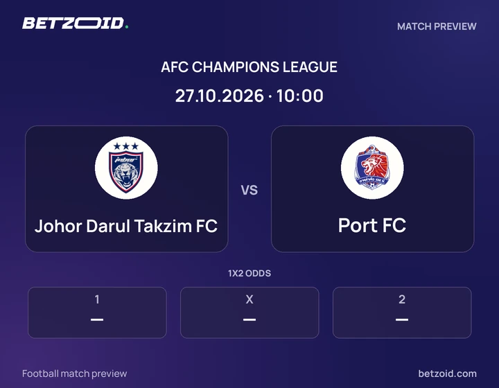 Johor Darul Takzim FC vs Port FC: AFC Champions League match preview with team badges and kick-off details.