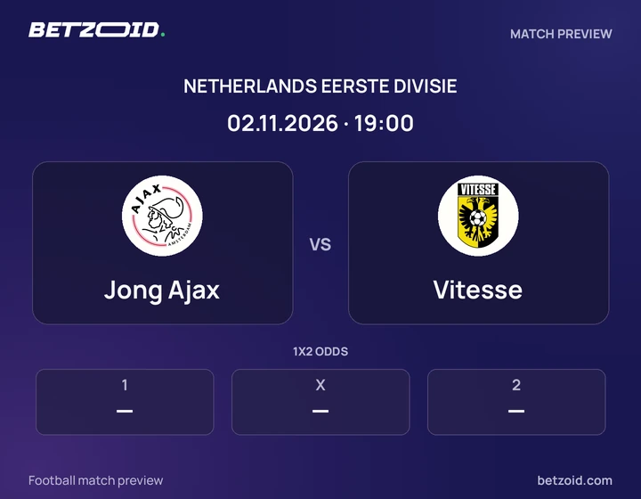 Jong Ajax vs Vitesse: Netherlands Eerste Divisie match preview with team badges and kick-off details.