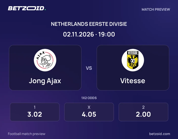 Jong Ajax - Vitesse Jong Ajax vs Vitesse: Netherlands Eerste Divisie match preview with team badges and kick-off details.