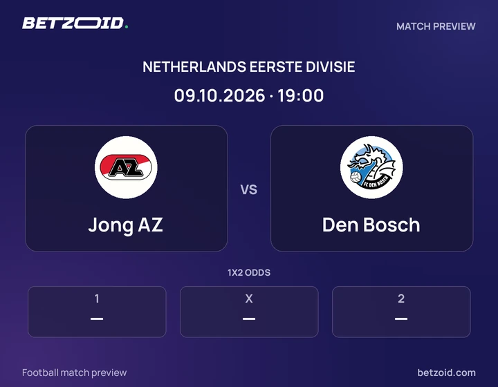 Jong AZ vs Den Bosch: Netherlands Eerste Divisie match preview with team badges and kick-off details.