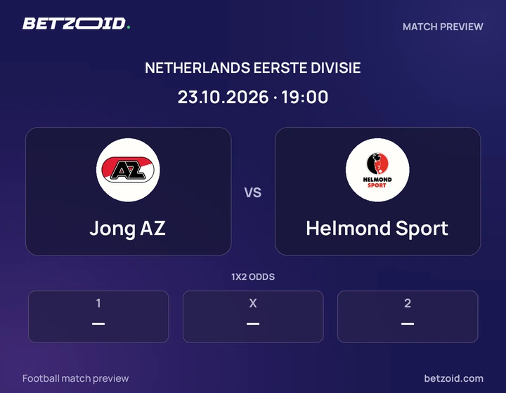 Jong AZ vs Helmond Sport: Netherlands Eerste Divisie match preview with team badges and kick-off details.