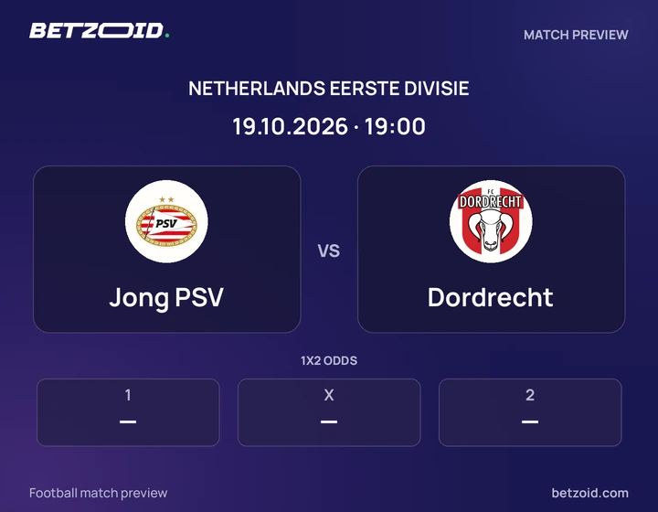 Jong PSV vs Dordrecht: Netherlands Eerste Divisie match preview with team badges and kick-off details.