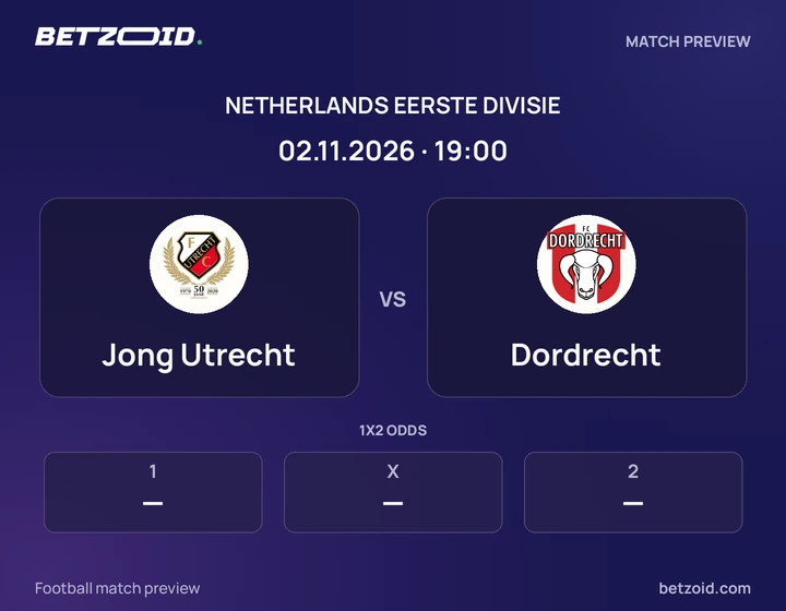Jong Utrecht vs Dordrecht: Netherlands Eerste Divisie match preview with team badges and kick-off details.