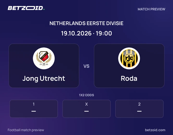 Jong Utrecht vs Roda: Netherlands Eerste Divisie match preview with team badges and kick-off details.