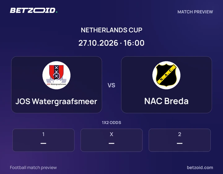 JOS Watergraafsmeer vs NAC Breda: Netherlands Cup match preview with team badges and kick-off details.
