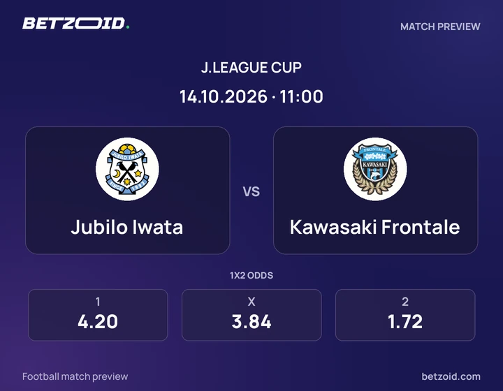 Jubilo Iwata vs Kawasaki Frontale: J.League Cup match preview with team badges and kick-off details.