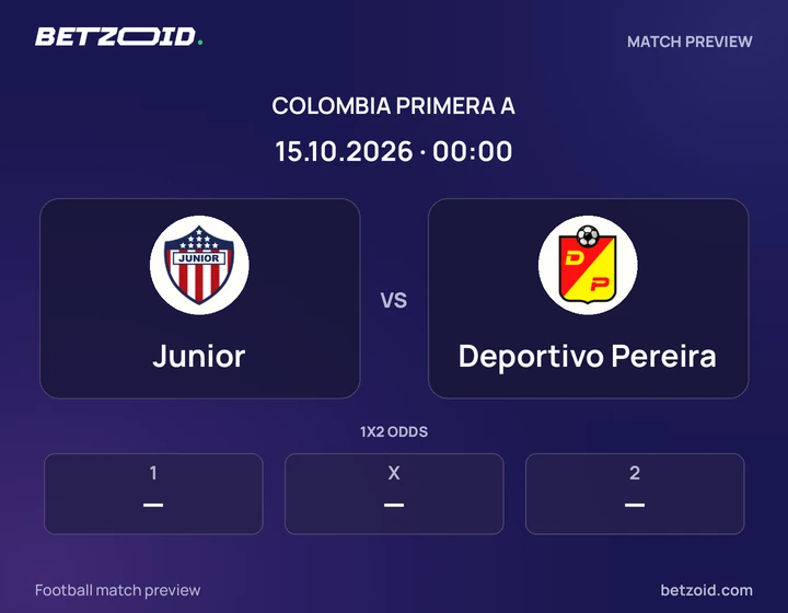 Junior vs Deportivo Pereira: Colombia Primera A match preview with team badges and kick-off details.
