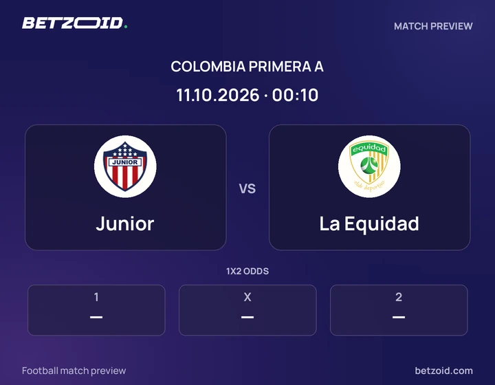 Junior vs La Equidad: Colombia Primera A match preview with team badges and kick-off details.