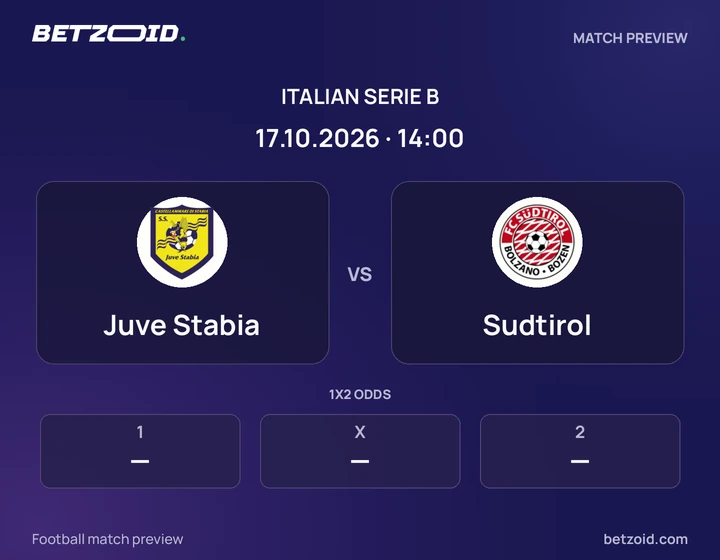 Juve Stabia vs Sudtirol: Italian Serie B match preview with team badges and kick-off details.