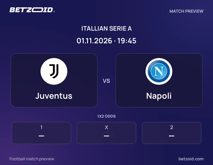 Juventus vs Napoli: Itallian Serie A match preview with team badges and kick-off details.