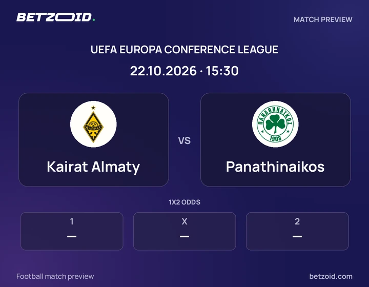 Kairat Almaty vs Panathinaikos: UEFA Europa Conference League match preview with team badges and kick-off details.
