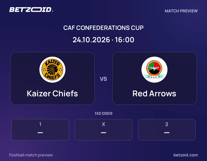 Kaizer Chiefs vs Red Arrows: CAF Confederations Cup match preview with team badges and kick-off details.
