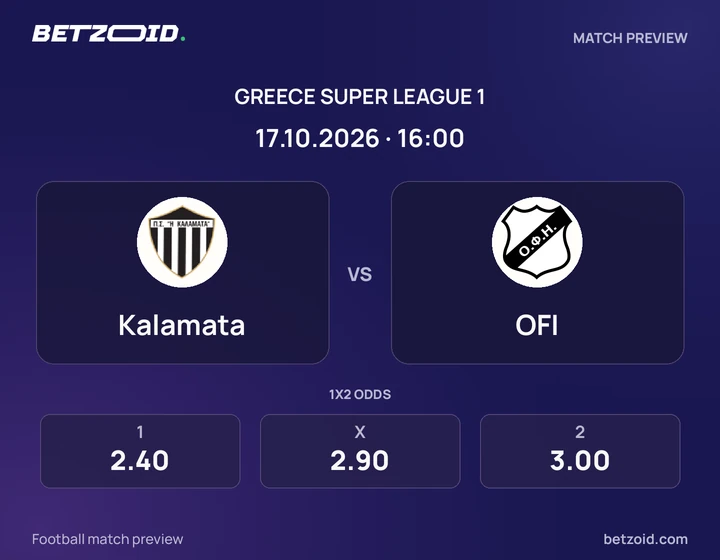 Kalamata vs OFI: Greece Super League 1 match preview with team badges and kick-off details.