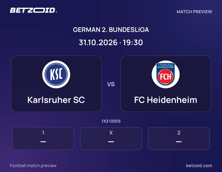 Karlsruher SC vs FC Heidenheim: German 2. Bundesliga match preview with team badges and kick-off details.