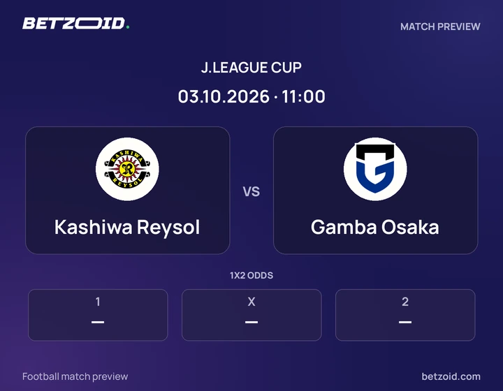 Kashiwa Reysol vs Gamba Osaka: J.League Cup match preview with team badges and kick-off details.