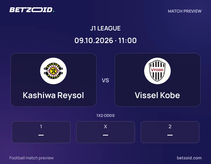 Kashiwa Reysol vs Vissel Kobe: J1 League match preview with team badges and kick-off details.