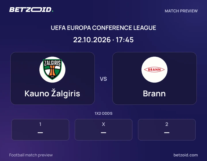 Kauno Žalgiris - Brann Kauno Žalgiris vs Brann: UEFA Europa Conference League match preview with team badges and kick-off details.