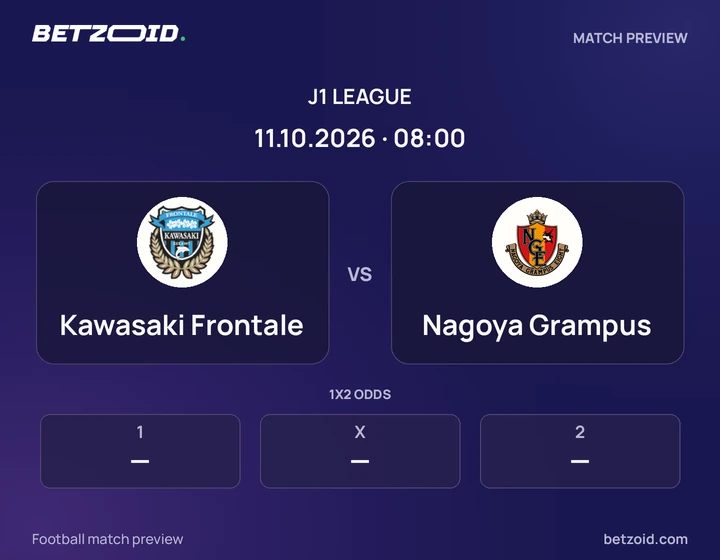 Kawasaki Frontale vs Nagoya Grampus: J1 League match preview with team badges and kick-off details.