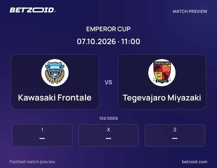 Kawasaki Frontale vs Tegevajaro Miyazaki: Emperor Cup match preview with team badges and kick-off details.