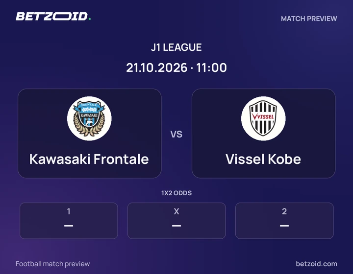 Kawasaki Frontale vs Vissel Kobe: J1 League match preview with team badges and kick-off details.
