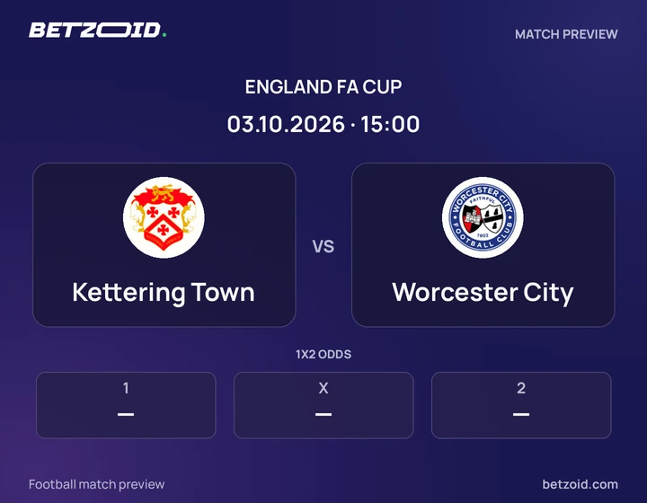 Kettering Town vs Worcester City: England FA Cup match preview with team badges and kick-off details.