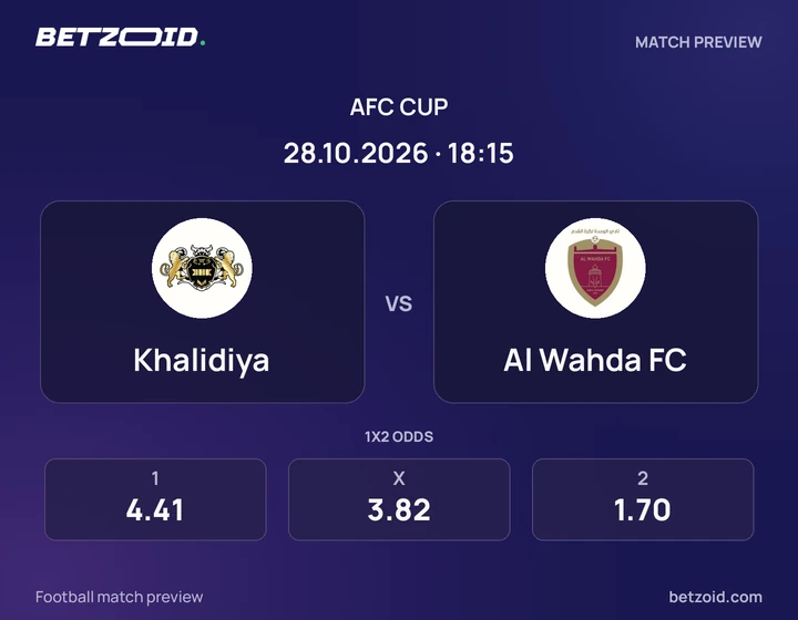 Khalidiya - Al Wahda FC Khalidiya vs Al Wahda FC: AFC Cup match preview with team badges and kick-off details.