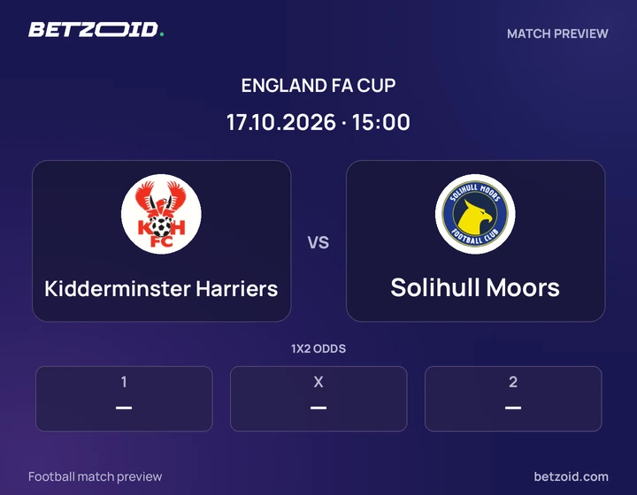 Kidderminster Harriers vs Solihull Moors: England FA Cup match preview with team badges and kick-off details.