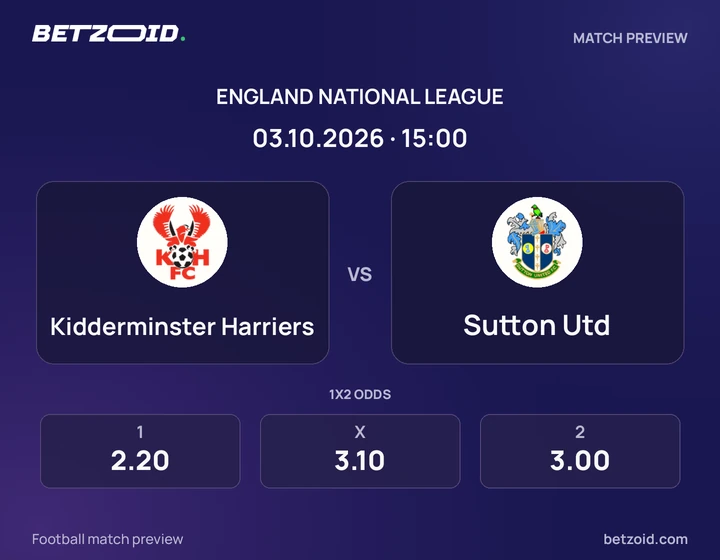 Kidderminster Harriers vs Sutton Utd: England National League match preview with team badges and kick-off details.