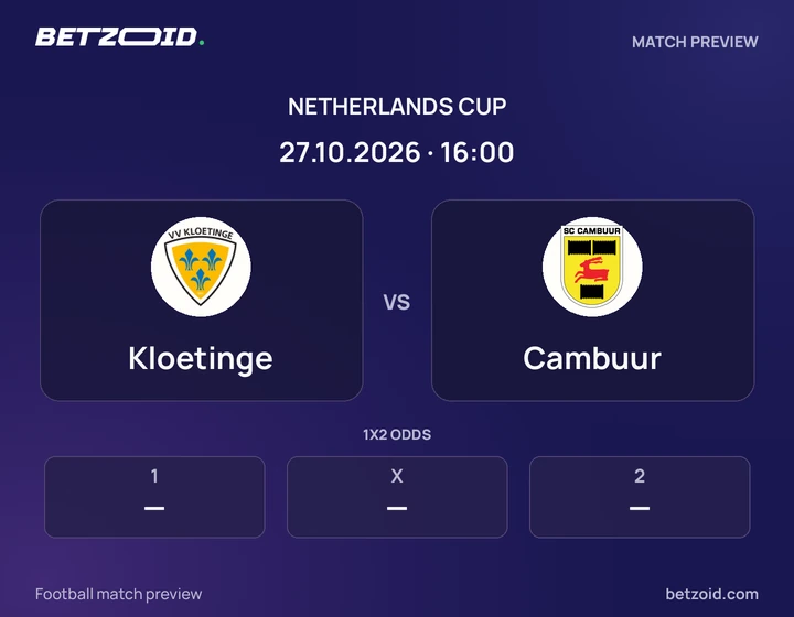 Kloetinge vs Cambuur: Netherlands Cup match preview with team badges and kick-off details.
