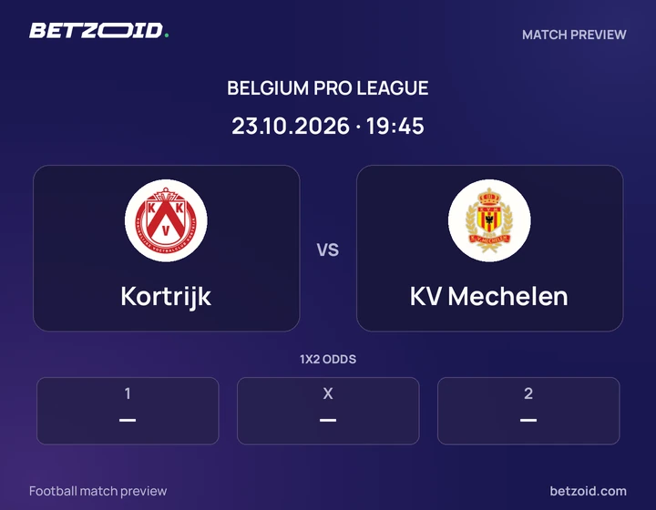 Kortrijk - KV Mechelen Kortrijk vs KV Mechelen: Belgium Pro League match preview with team badges and kick-off details.