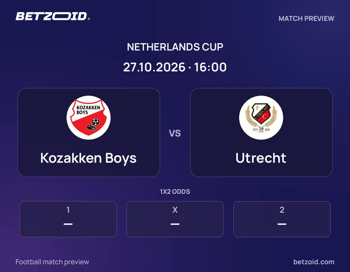 Kozakken Boys vs Utrecht: Netherlands Cup match preview with team badges and kick-off details.