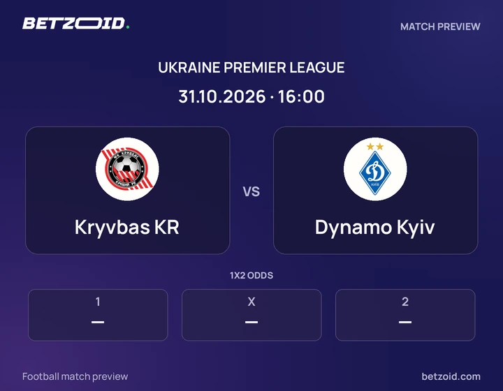 Kryvbas KR vs Dynamo Kyiv: Ukraine Premier League match preview with team badges and kick-off details.